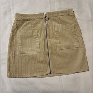 Beige Corduroy Full front Zip Mini Skirt O Ring Zipper and Pockets. Forever 21